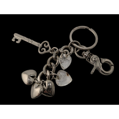 Hearts And Gems Silver Tone Charm Keychain With Lobster Clasp And Clear Crystal Accents