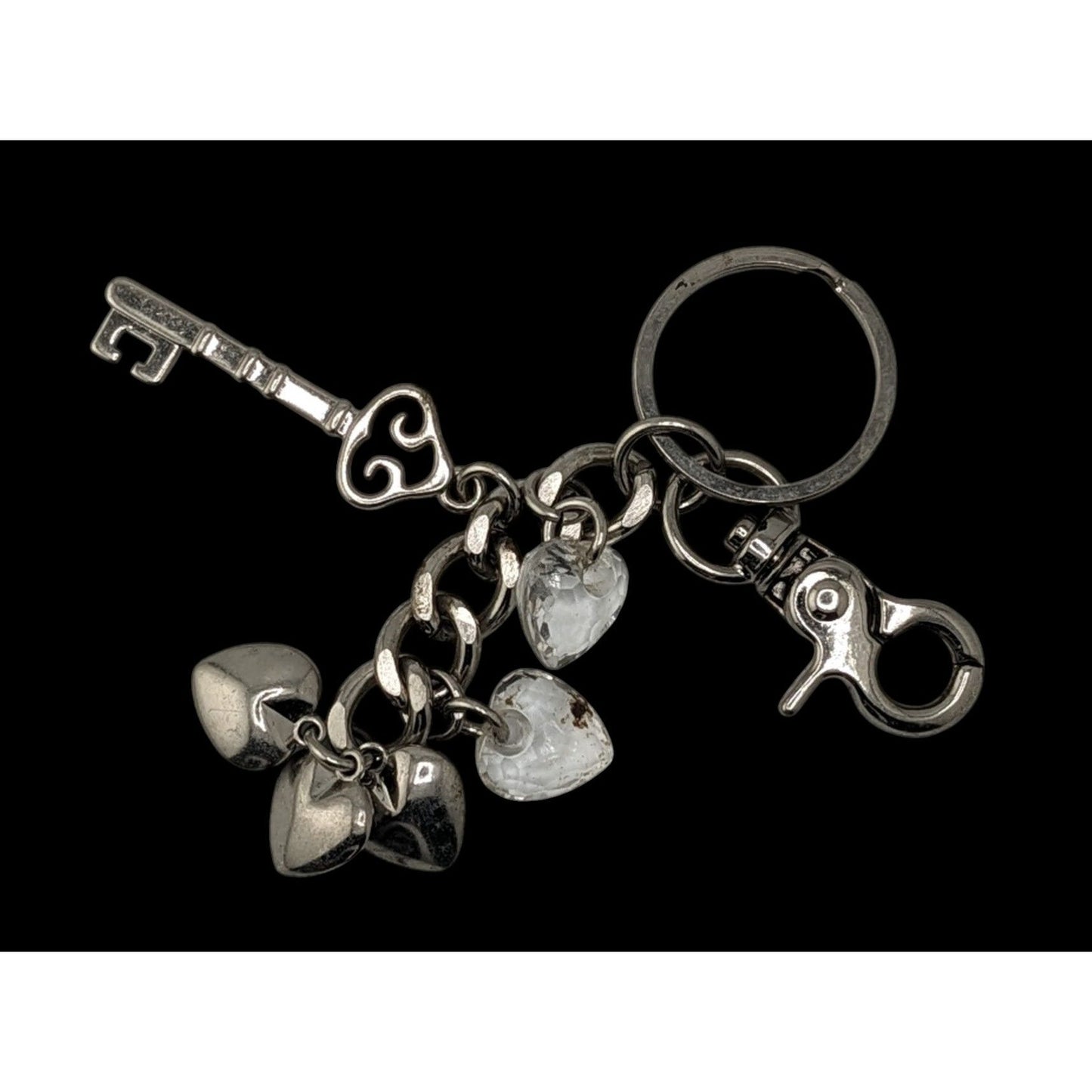 Hearts And Gems Silver Tone Charm Keychain With Lobster Clasp And Clear Crystal Accents