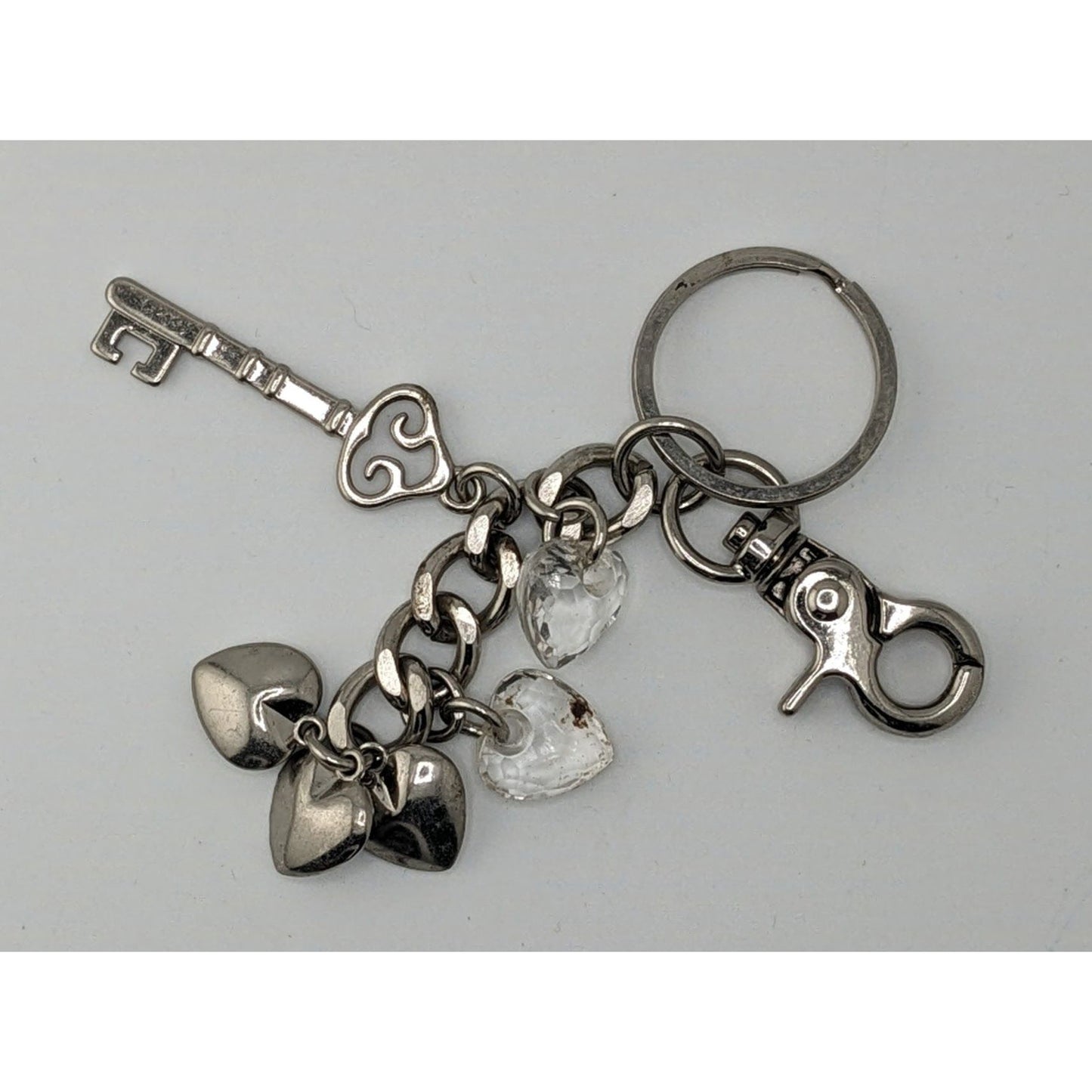 Hearts And Gems Silver Tone Charm Keychain With Lobster Clasp And Clear Crystal Accents