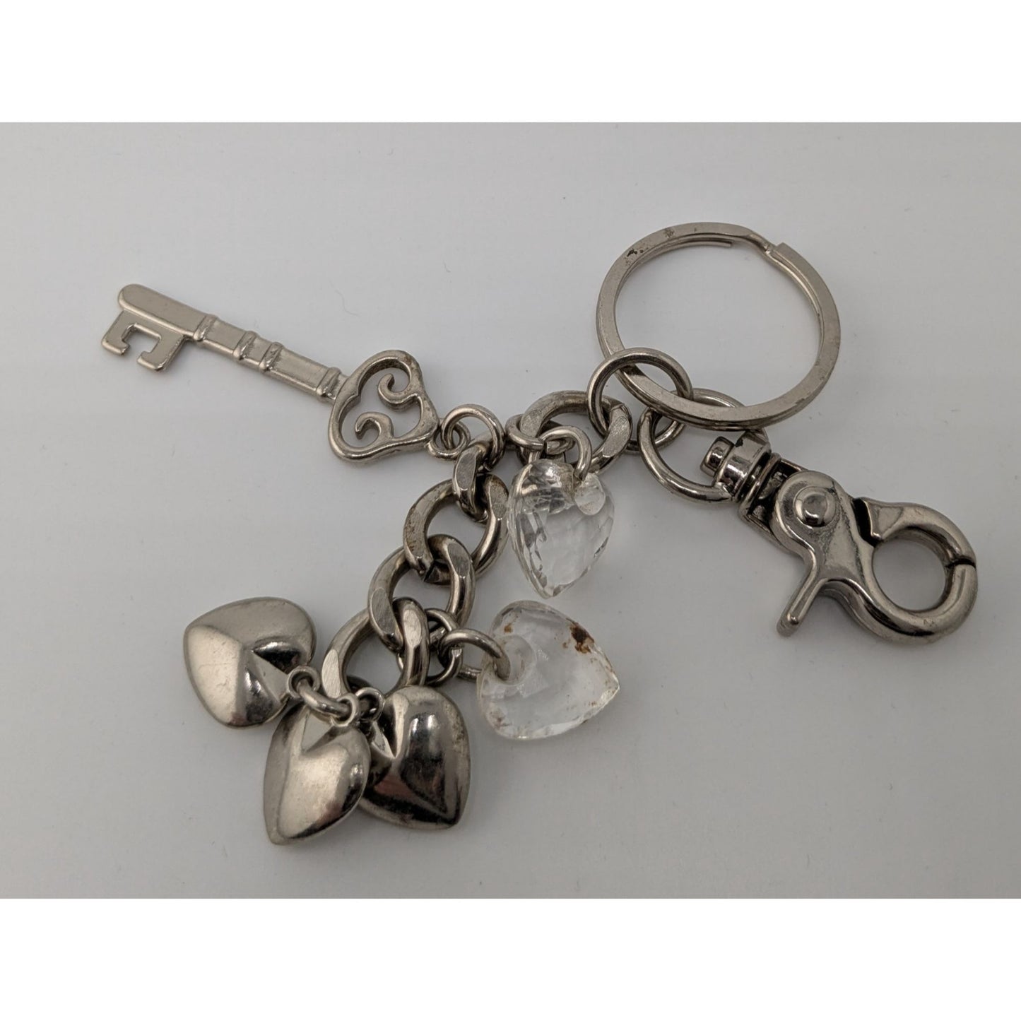 Hearts And Gems Silver Tone Charm Keychain With Lobster Clasp And Clear Crystal Accents