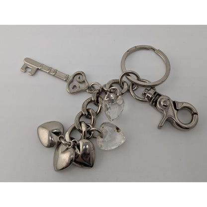 Hearts And Gems Silver Tone Charm Keychain With Lobster Clasp And Clear Crystal Accents