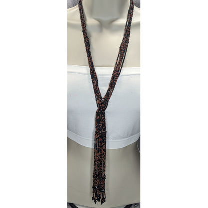 Boho Handmade Glass Brown Black Seed Bead Tassel Necklace 16 Inch