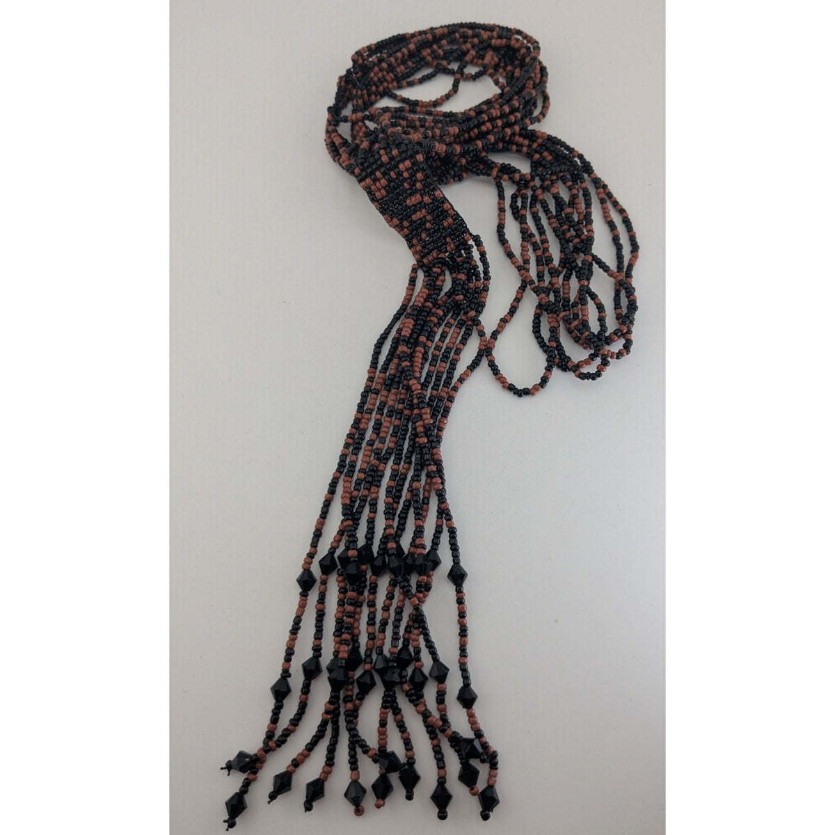 Boho Handmade Glass Brown Black Seed Bead Tassel Necklace 16 Inch