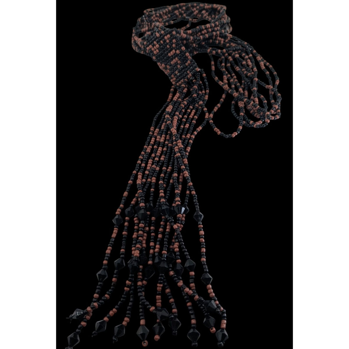 Boho Handmade Glass Brown Black Seed Bead Tassel Necklace 16 Inch