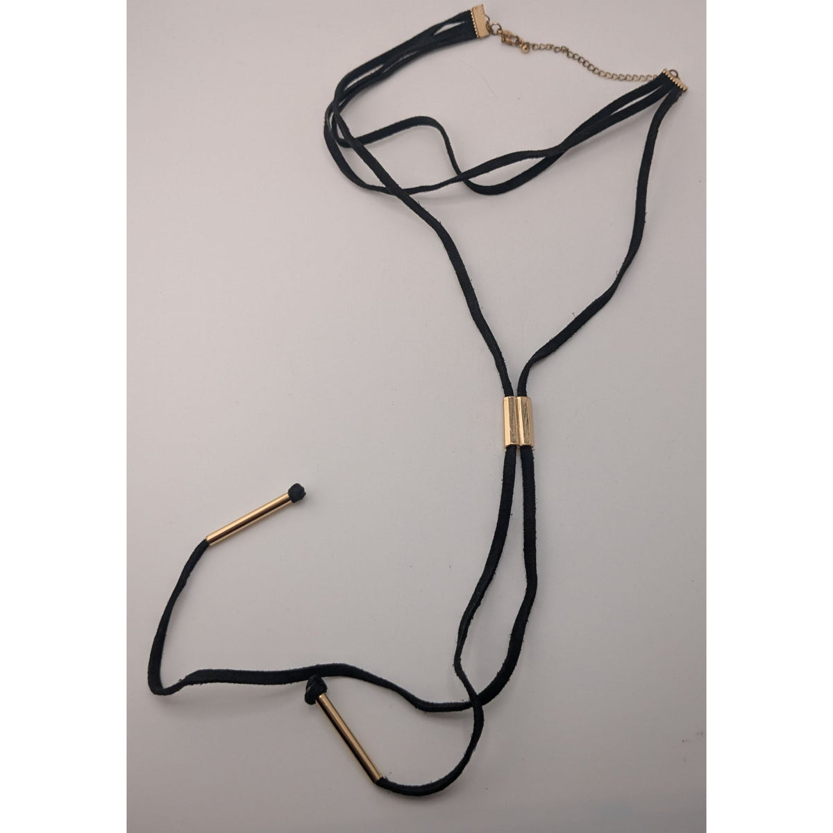 Boho Layered Choker Lariat Necklace Black Cord Gold Tone Y2K Festival Jewelry