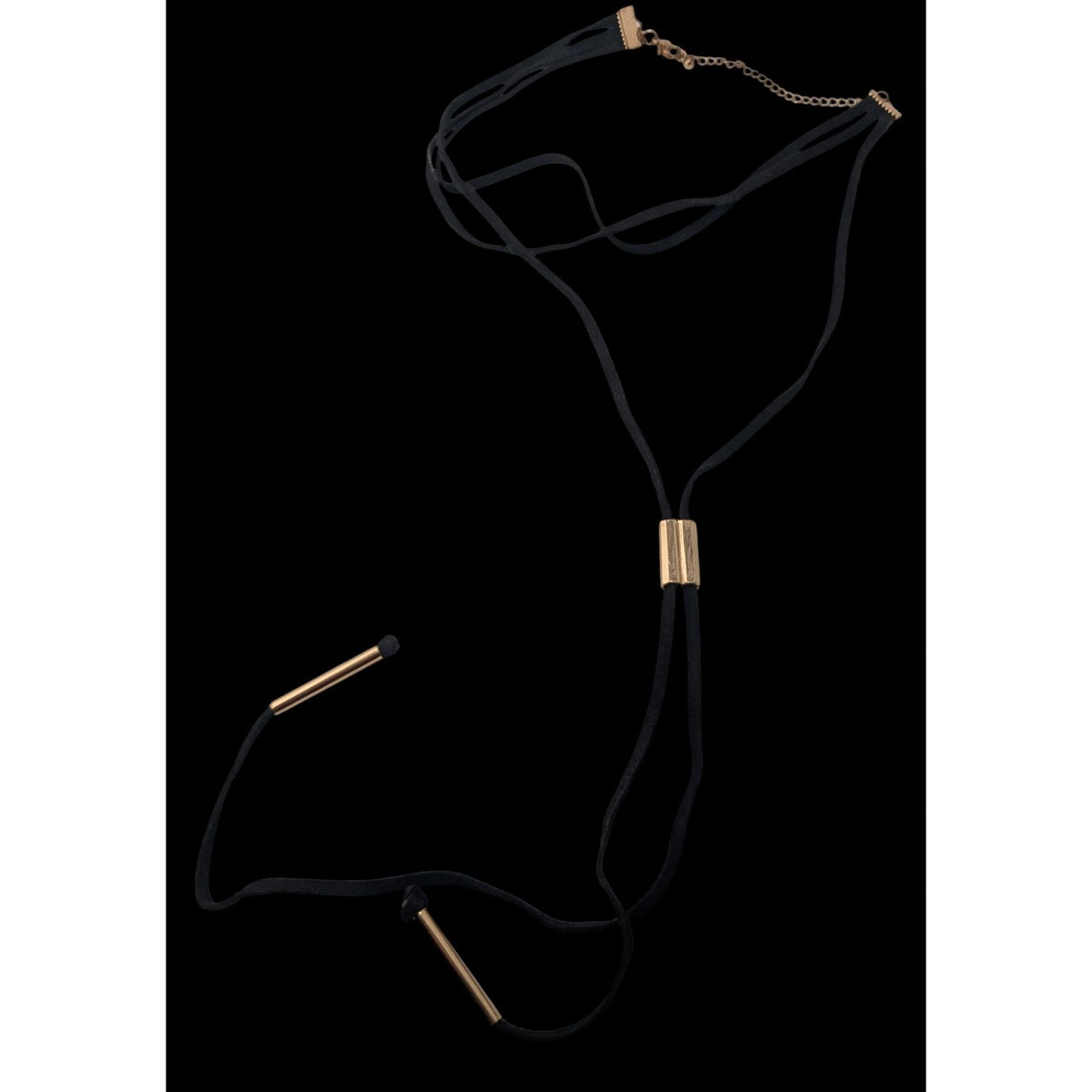 Boho Layered Choker Lariat Necklace Black Cord Gold Tone Y2K Festival Jewelry