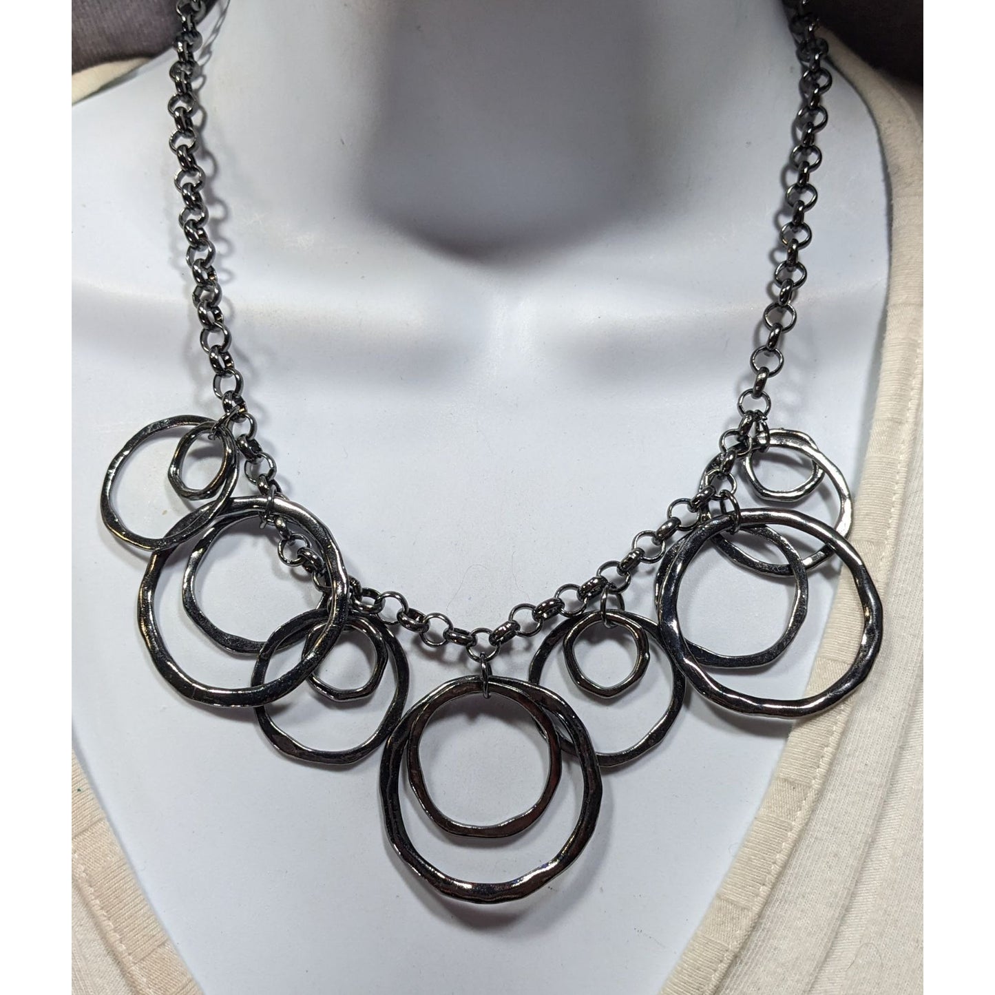 Brutalist Geometric Gunmetal Tone Hammered Ring Necklace