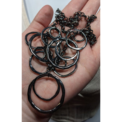 Brutalist Geometric Gunmetal Tone Hammered Ring Necklace