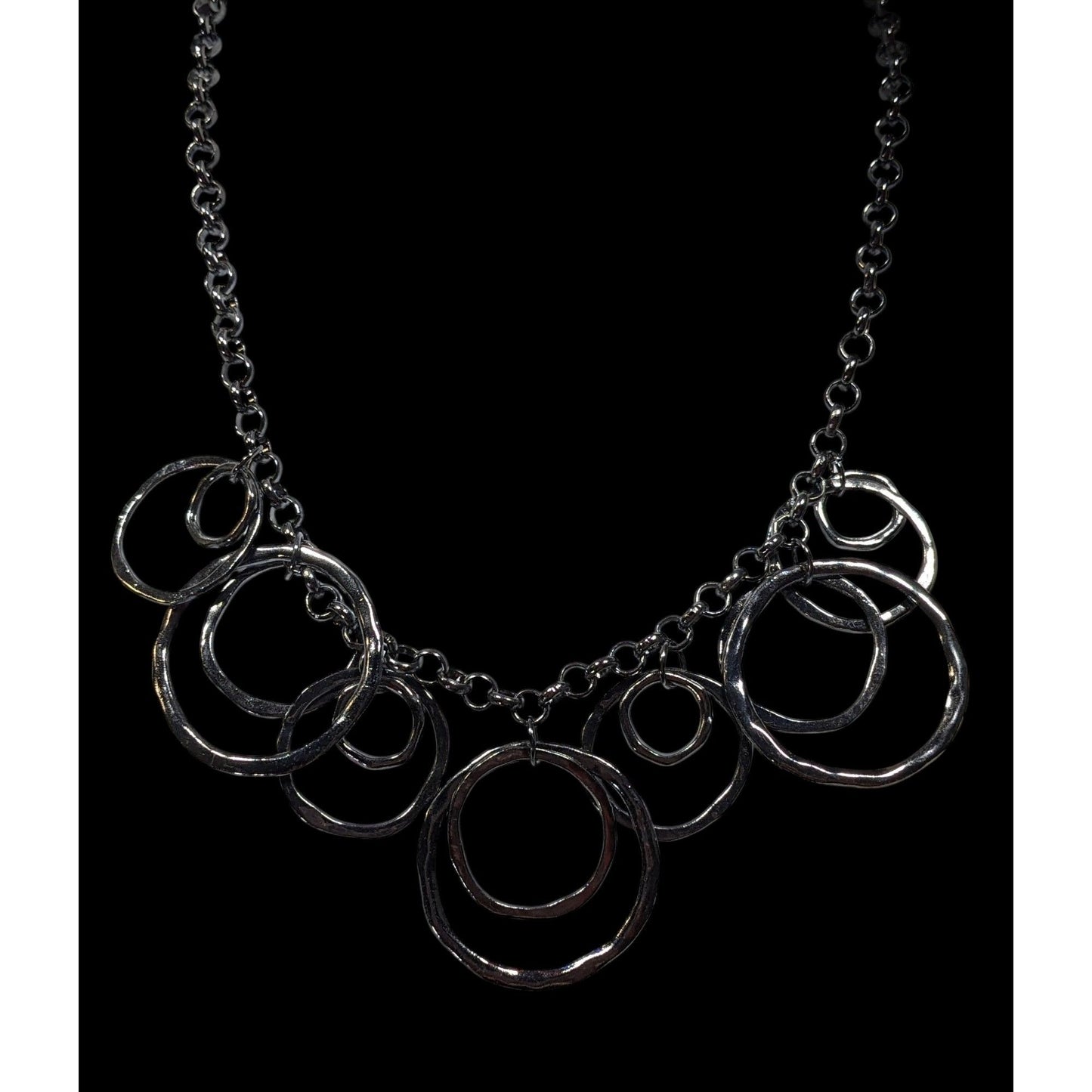 Brutalist Geometric Gunmetal Tone Hammered Ring Necklace