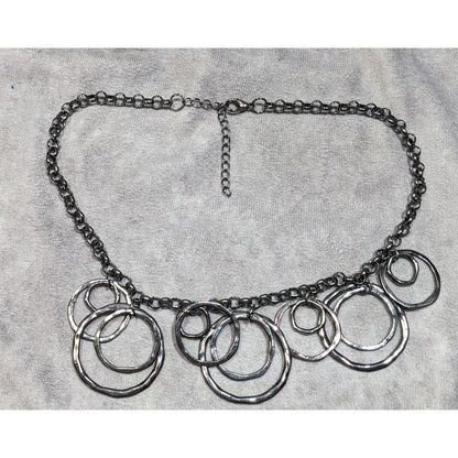 Brutalist Geometric Gunmetal Tone Hammered Ring Necklace