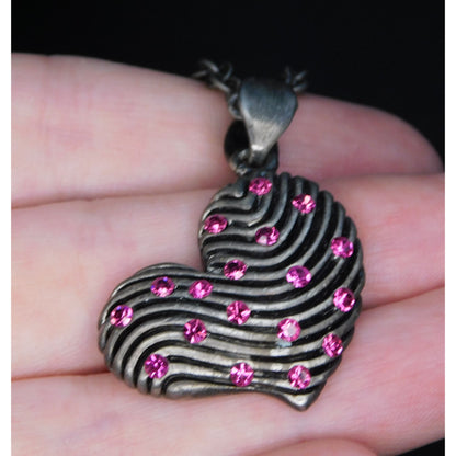 Glam Goth Pink Rhinestone Striped Heart Necklace