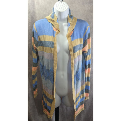 Say What? Southwestern Open Front Hooded Cardigan Striped Knit Size Small Beige & Blue