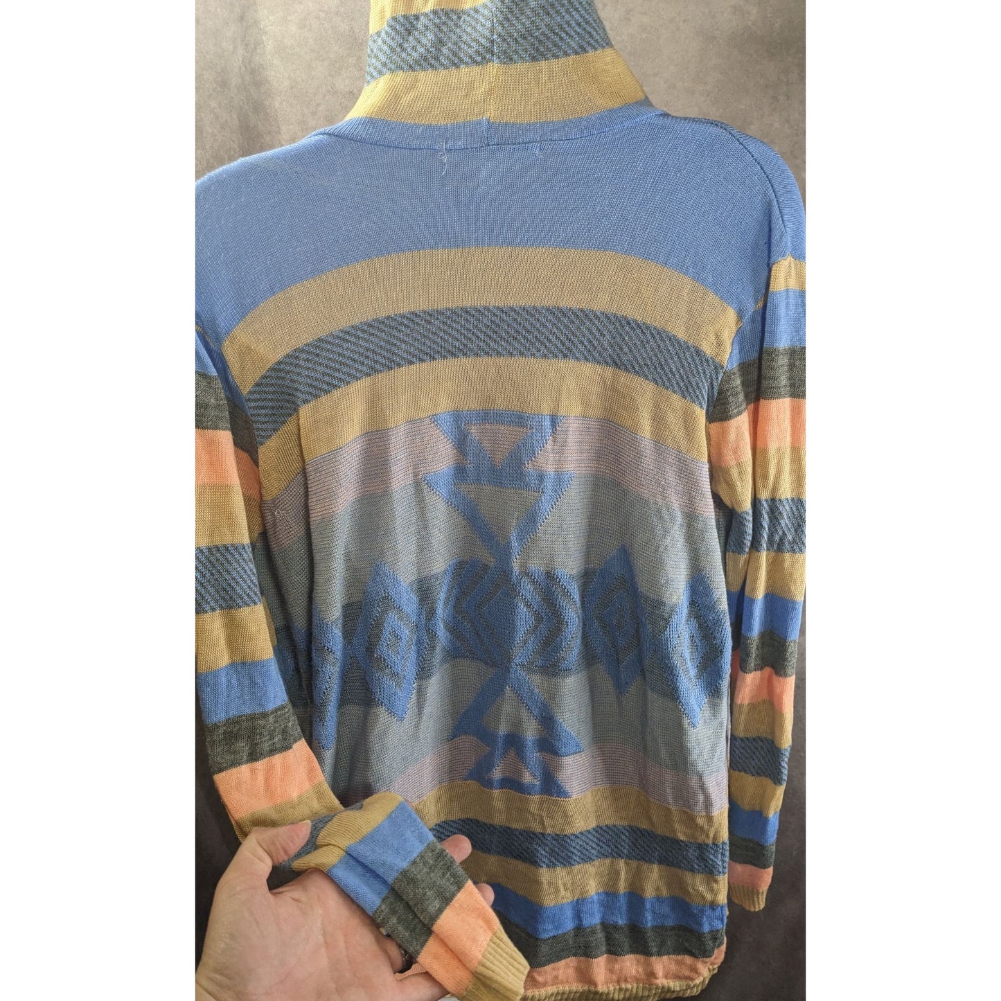 Say What? Southwestern Open Front Hooded Cardigan Striped Knit Size Small Beige & Blue