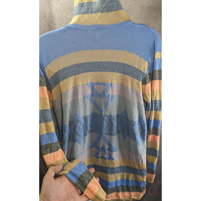Say What? Southwestern Open Front Hooded Cardigan Striped Knit Size Small Beige & Blue