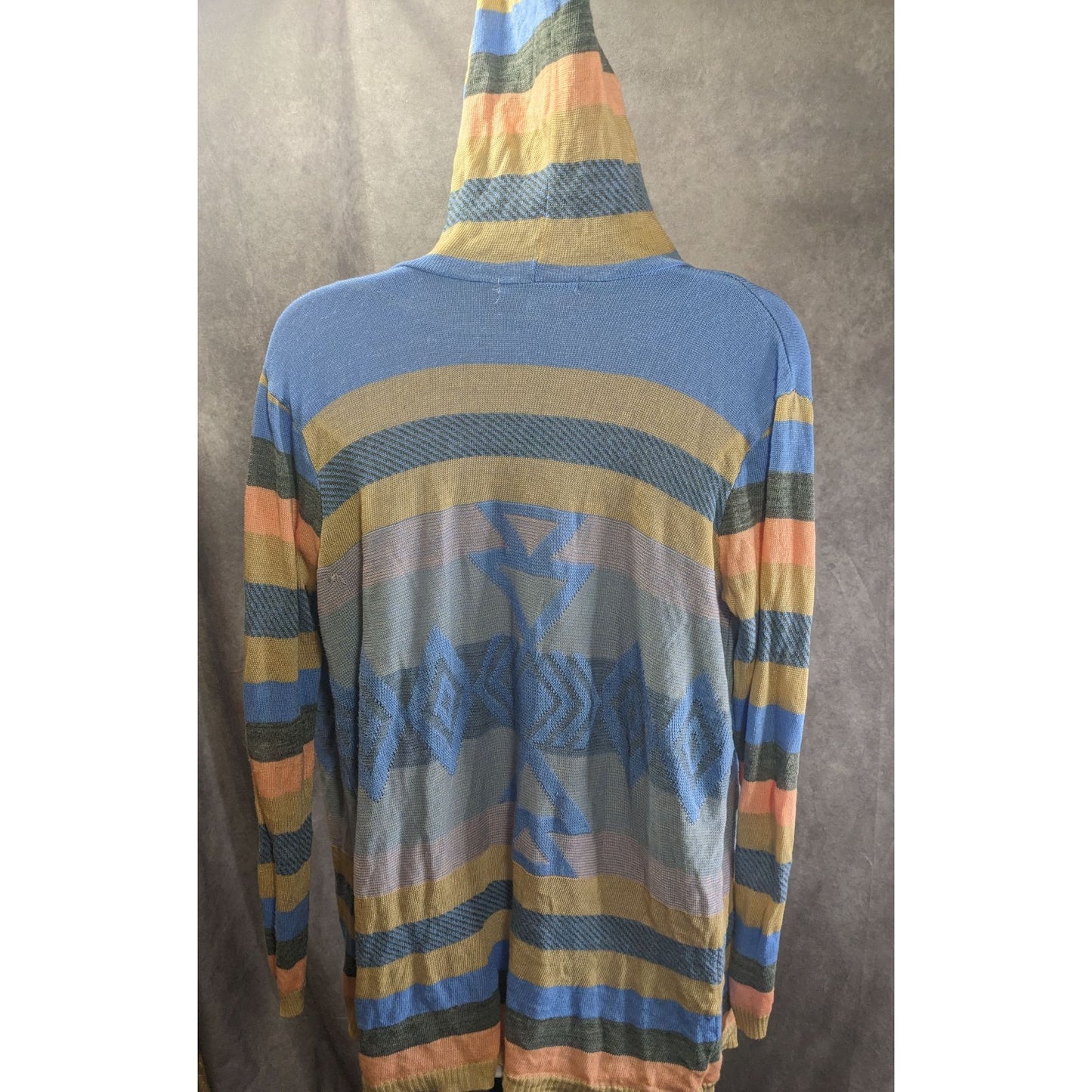 Say What? Southwestern Open Front Hooded Cardigan Striped Knit Size Small Beige & Blue