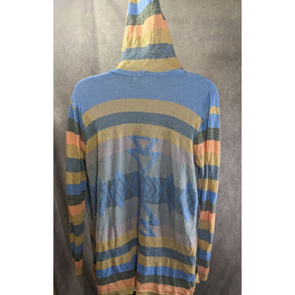 Say What? Southwestern Open Front Hooded Cardigan Striped Knit Size Small Beige & Blue