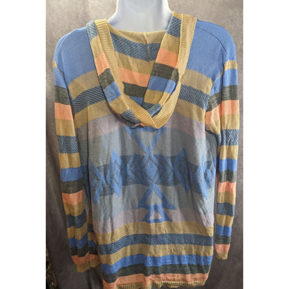 Say What? Southwestern Open Front Hooded Cardigan Striped Knit Size Small Beige & Blue