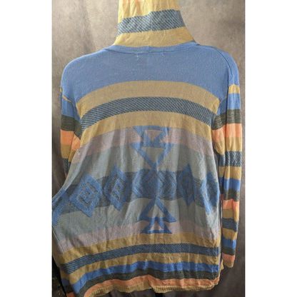 Say What? Southwestern Open Front Hooded Cardigan Striped Knit Size Small Beige & Blue
