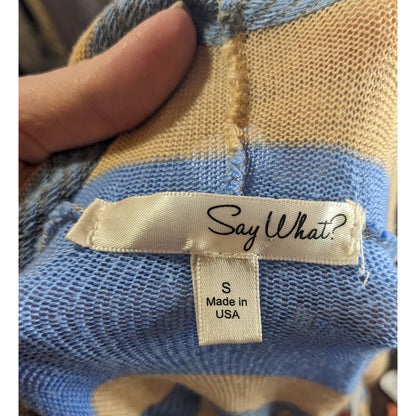 Say What? Southwestern Open Front Hooded Cardigan Striped Knit Size Small Beige & Blue