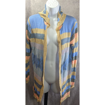 Say What? Southwestern Open Front Hooded Cardigan Striped Knit Size Small Beige & Blue