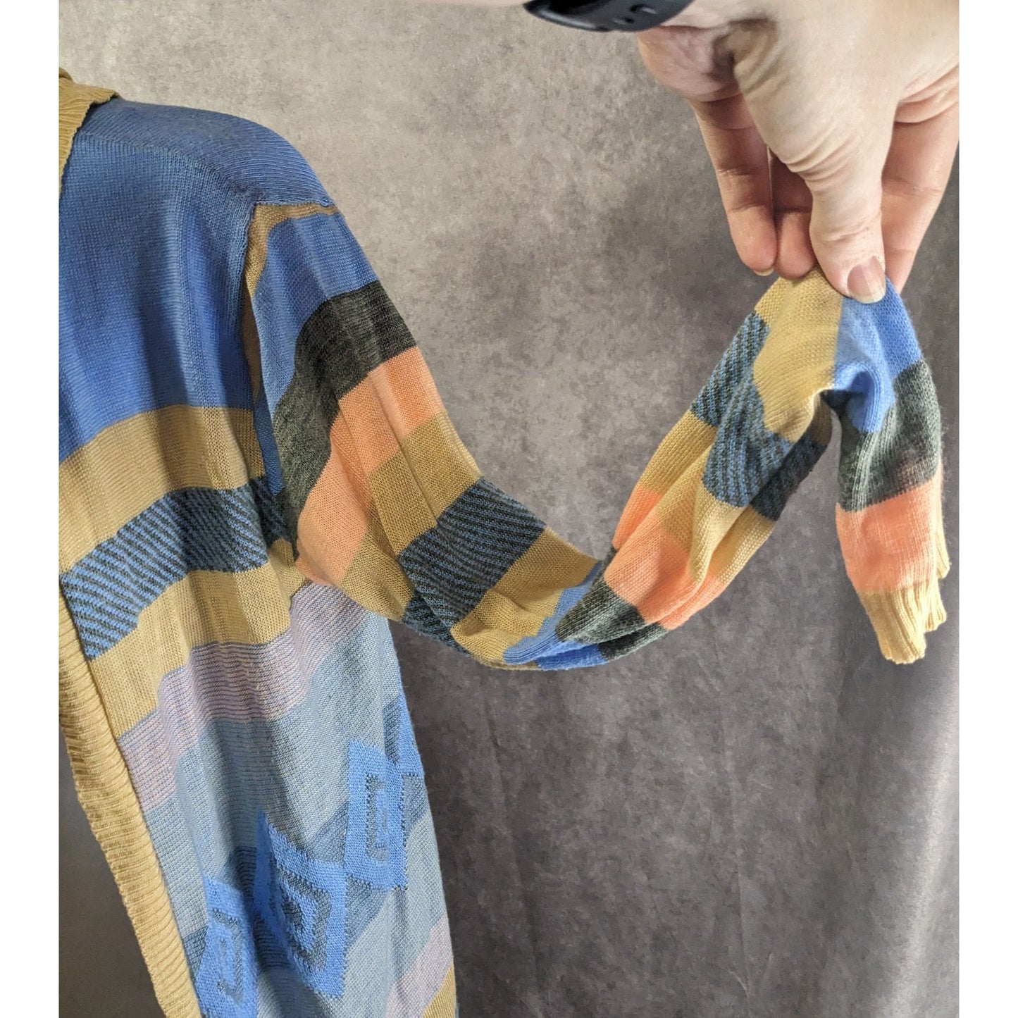 Say What? Southwestern Open Front Hooded Cardigan Striped Knit Size Small Beige & Blue