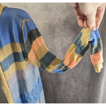 Say What? Southwestern Open Front Hooded Cardigan Striped Knit Size Small Beige & Blue