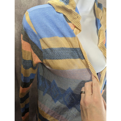 Say What? Southwestern Open Front Hooded Cardigan Striped Knit Size Small Beige & Blue