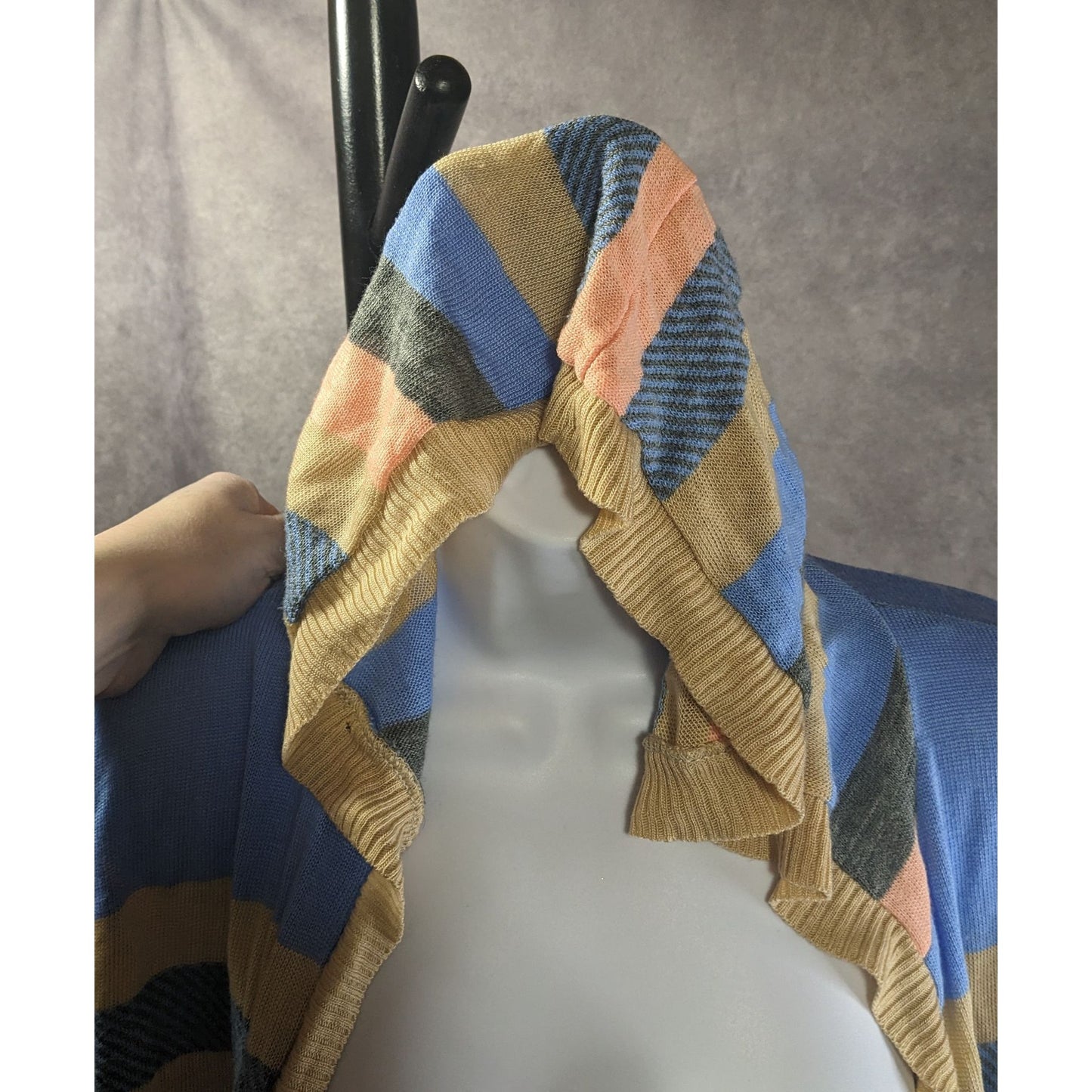 Say What? Southwestern Open Front Hooded Cardigan Striped Knit Size Small Beige & Blue