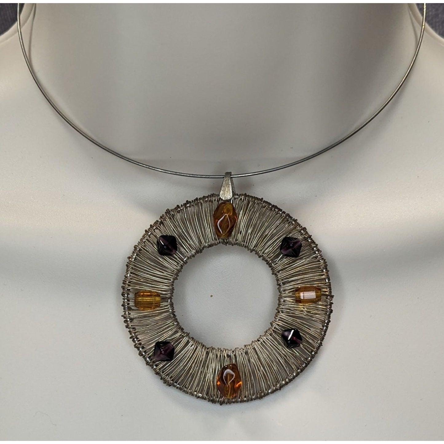 Brutalist Vintage Handmade Wire Wrapped Beaded Statement Pendant Necklace