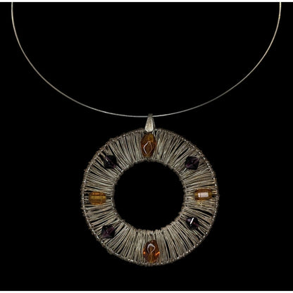 Brutalist Vintage Handmade Wire Wrapped Beaded Statement Pendant Necklace
