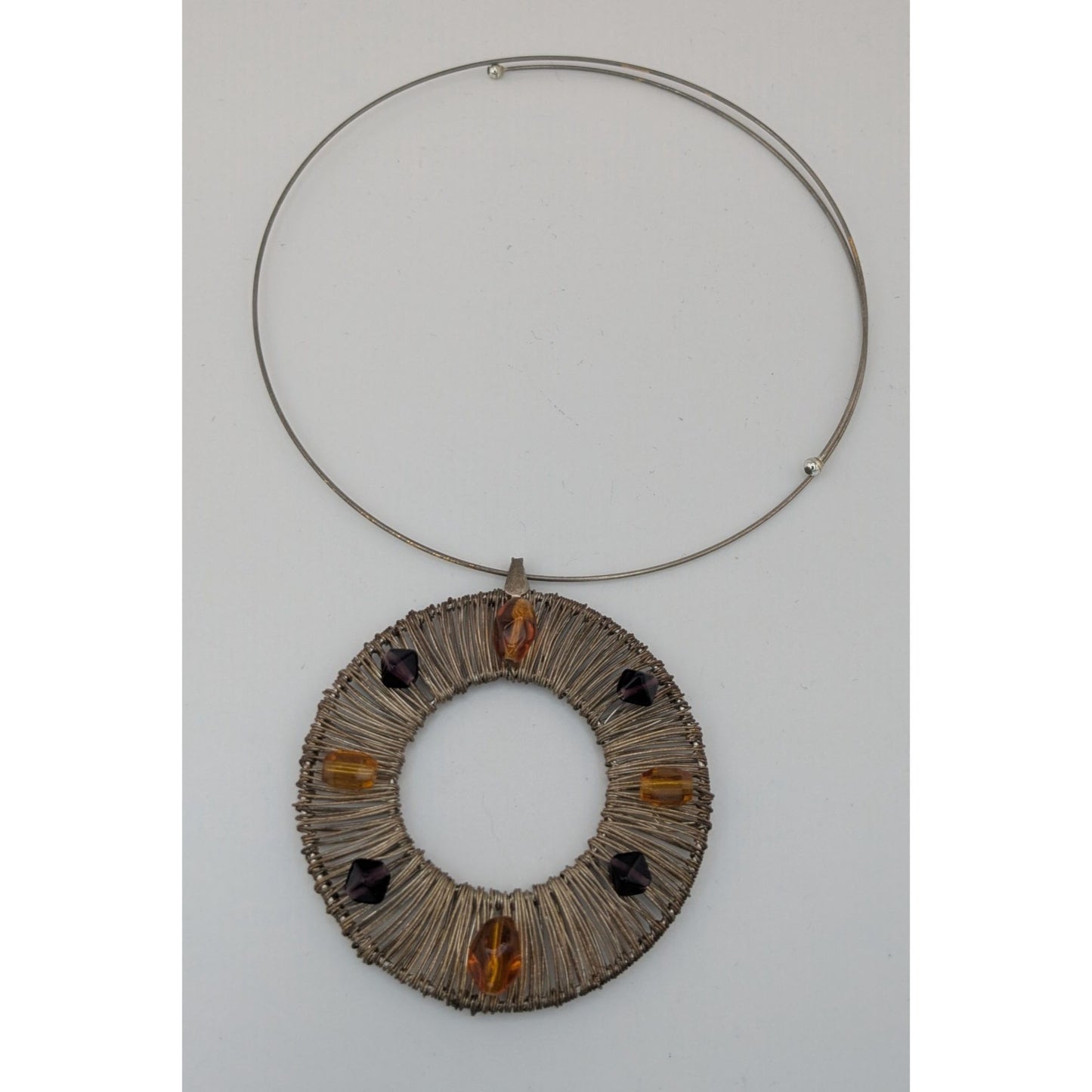 Brutalist Vintage Handmade Wire Wrapped Beaded Statement Pendant Necklace