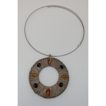 Brutalist Vintage Handmade Wire Wrapped Beaded Statement Pendant Necklace