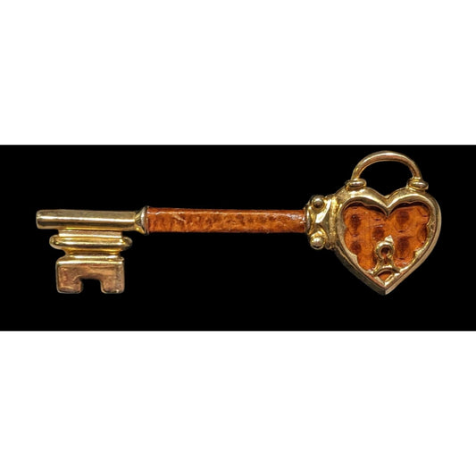 Vintage Medieval Gothic Gold Tone Faux Snakeskin Heart Skeleton Key Brooch 3 Inch