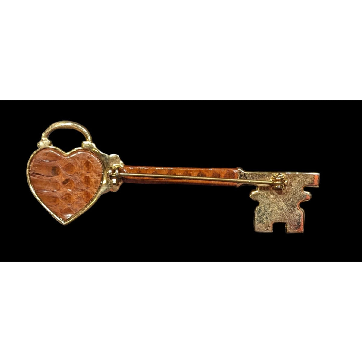 Vintage Medieval Gothic Gold Tone Faux Snakeskin Heart Skeleton Key Brooch 3 Inch