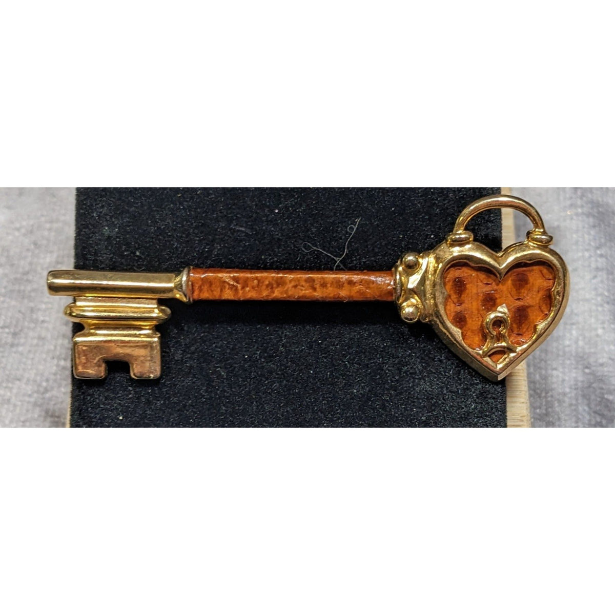 Vintage Medieval Gothic Gold Tone Faux Snakeskin Heart Skeleton Key Brooch 3 Inch