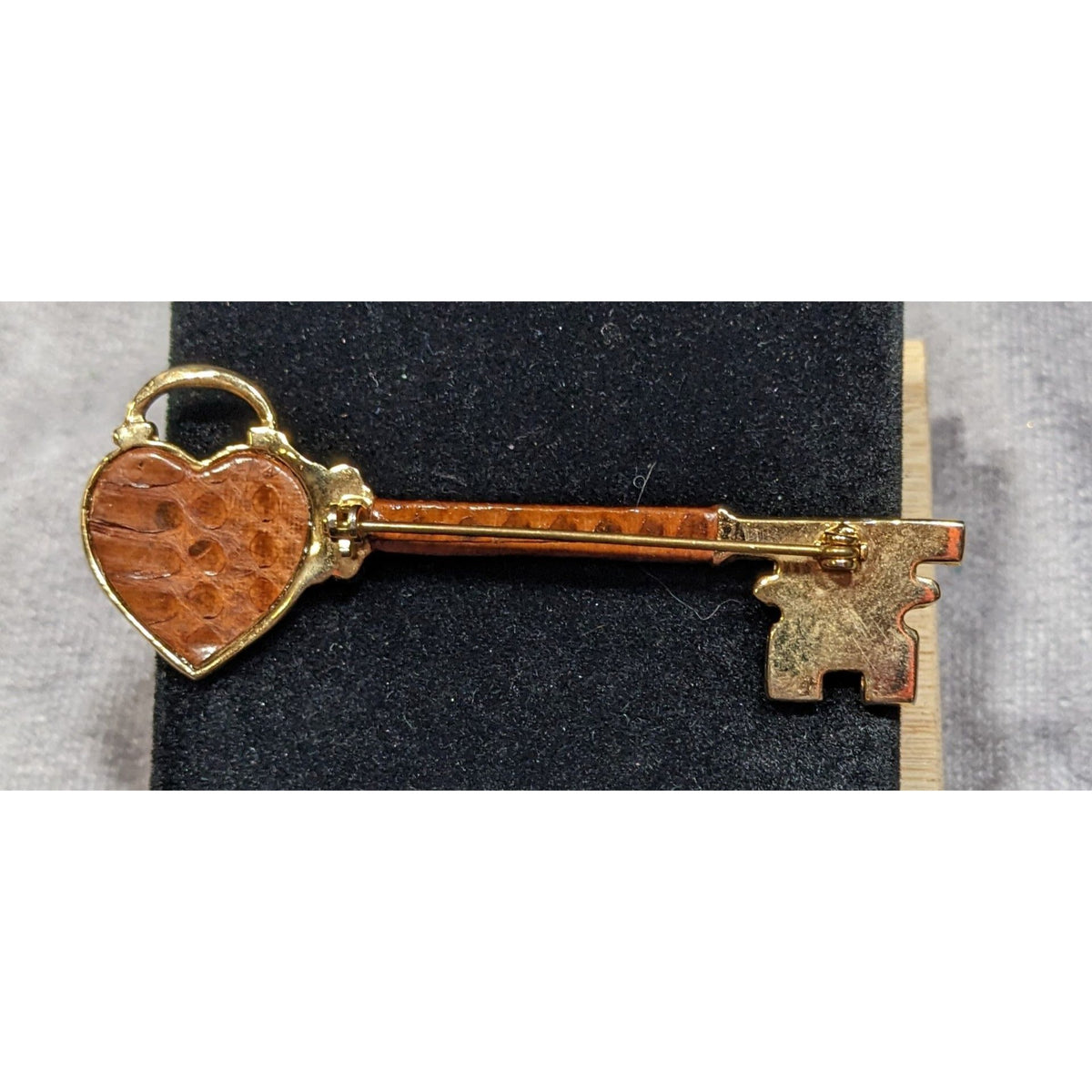 Vintage Medieval Gothic Gold Tone Faux Snakeskin Heart Skeleton Key Brooch 3 Inch