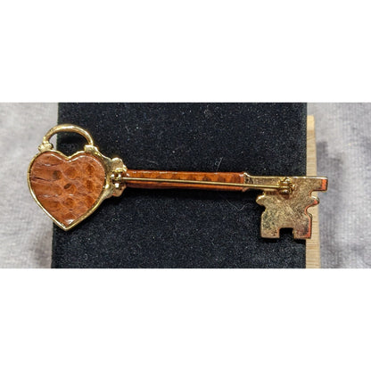 Vintage Medieval Gothic Gold Tone Faux Snakeskin Heart Skeleton Key Brooch 3 Inch