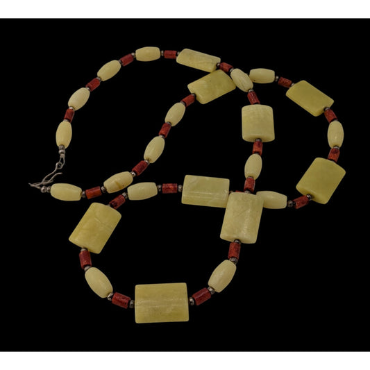 Vintage Handmade Jade And Coral Beaded Necklace With Sterling Accent Beads