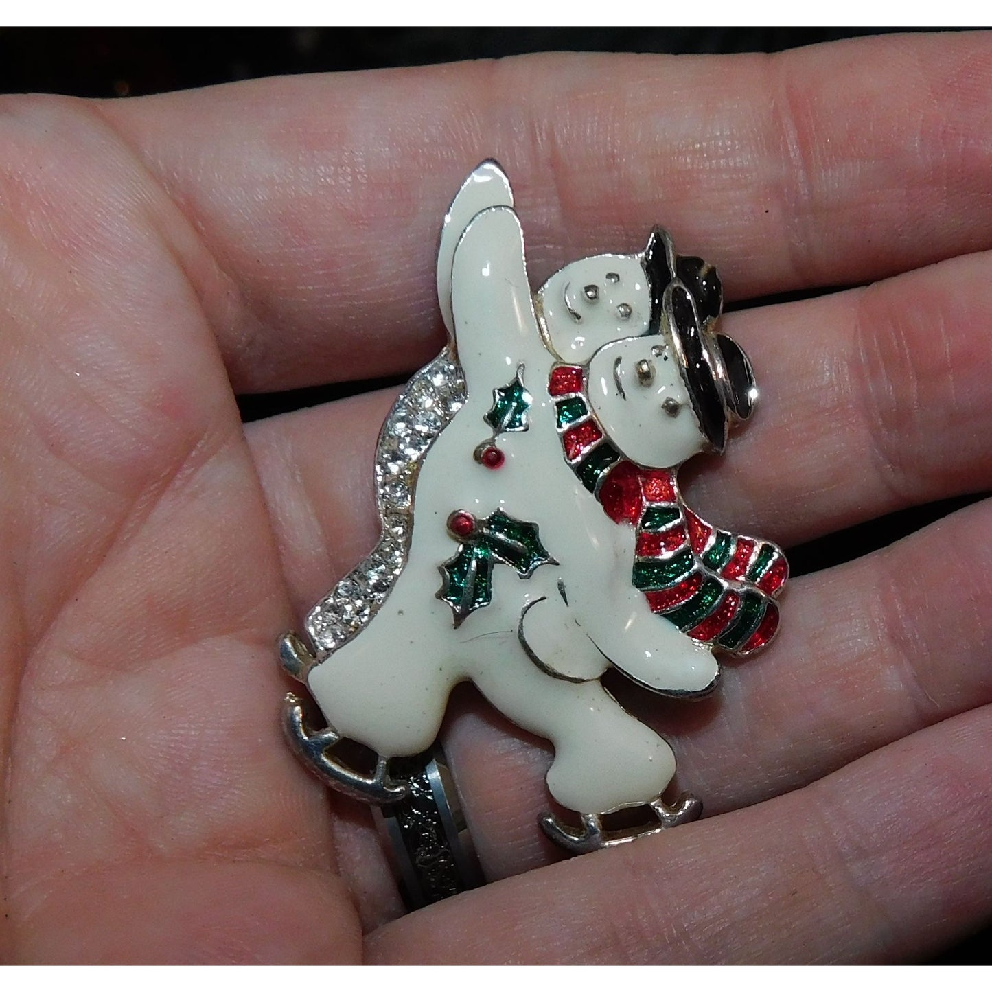 Vintage Ice Skating Snowmen Couple Enamel Brooch