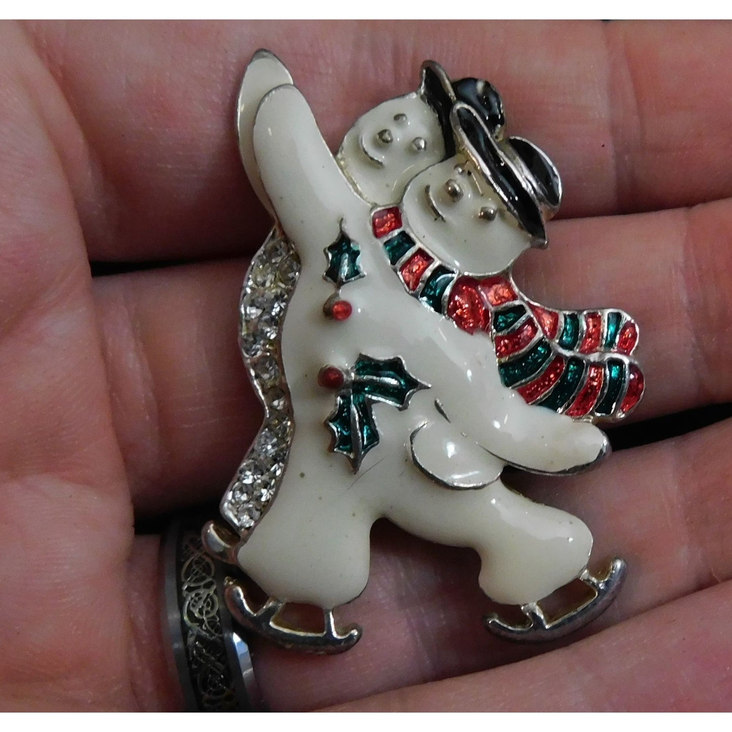 Vintage Ice Skating Snowmen Couple Enamel Brooch