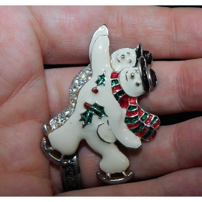 Vintage Ice Skating Snowmen Couple Enamel Brooch
