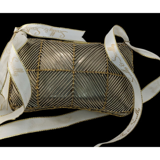 Vintage Exart 70s Silver & Gold Soldered Metal Box Clutch With Dust Bag