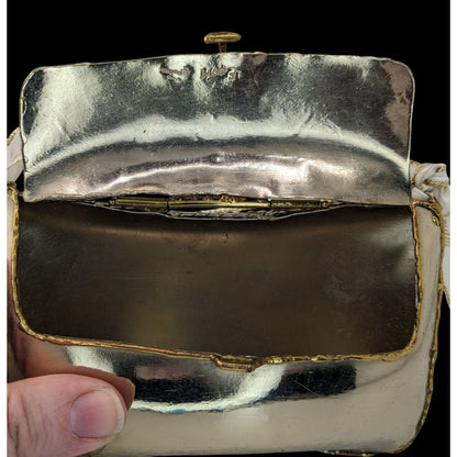 Vintage Exart 70s Silver & Gold Soldered Metal Box Clutch With Dust Bag