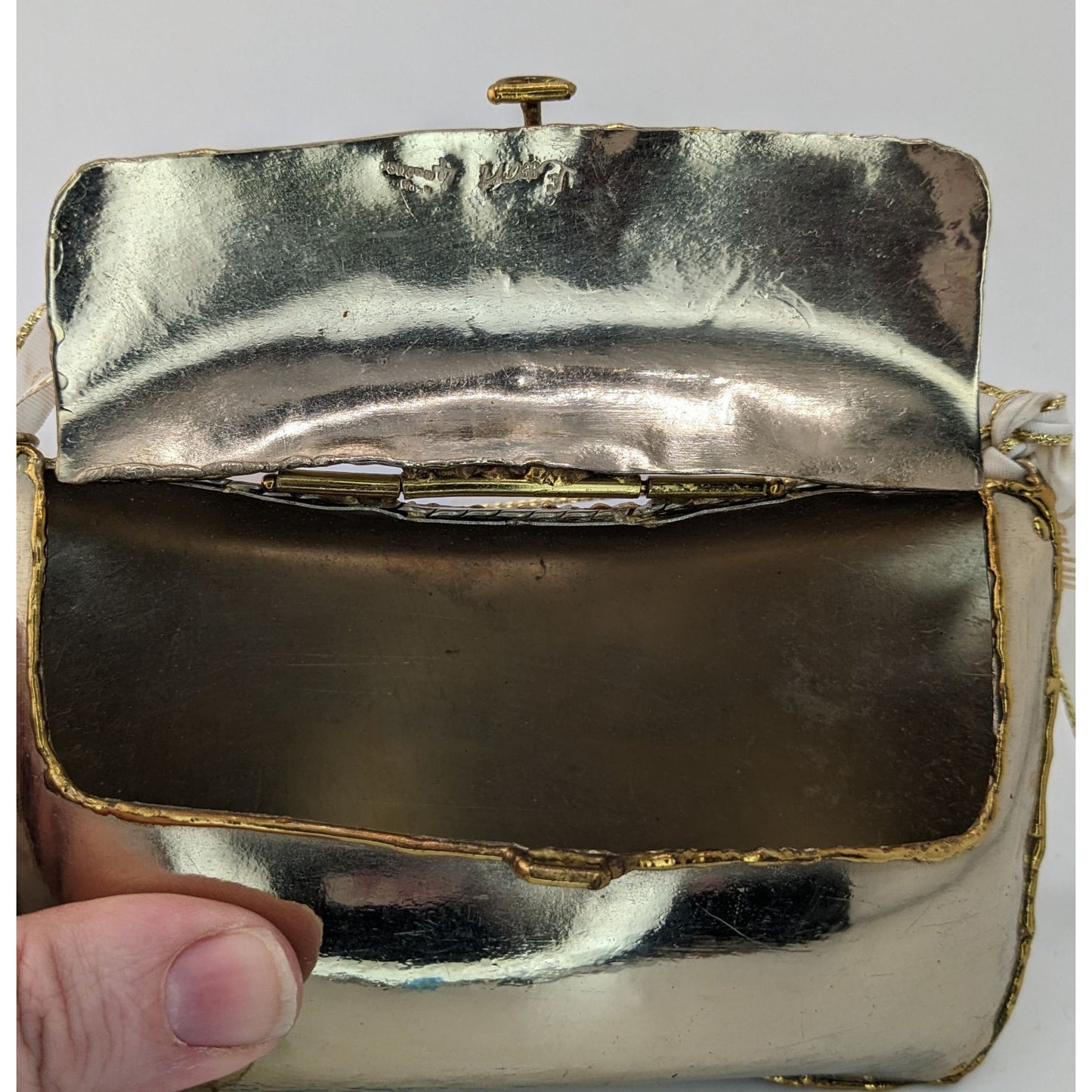 Vintage Exart 70s Silver & Gold Soldered Metal Box Clutch With Dust Bag