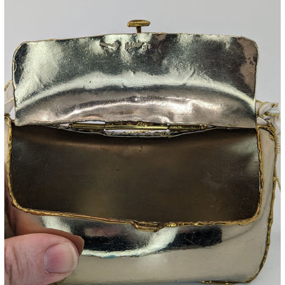 Vintage Exart 70s Silver & Gold Soldered Metal Box Clutch With Dust Bag