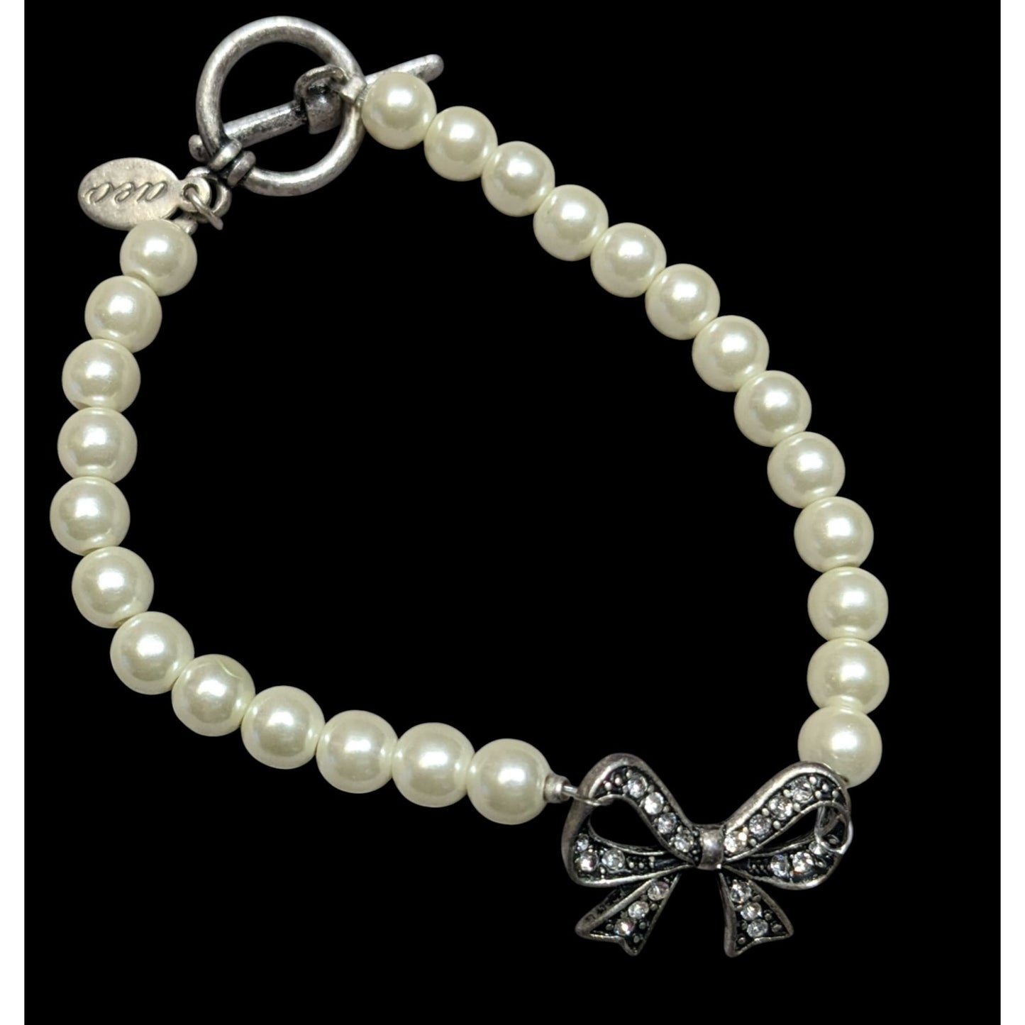 AEO Y2K Coquette Faux Pearl Bracelet With Rhinestone Bow Charm & Toggle Clasp