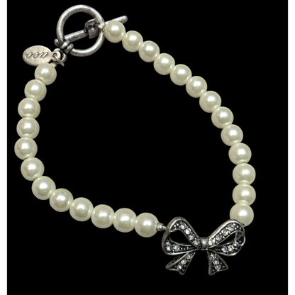 AEO Y2K Coquette Faux Pearl Bracelet With Rhinestone Bow Charm & Toggle Clasp
