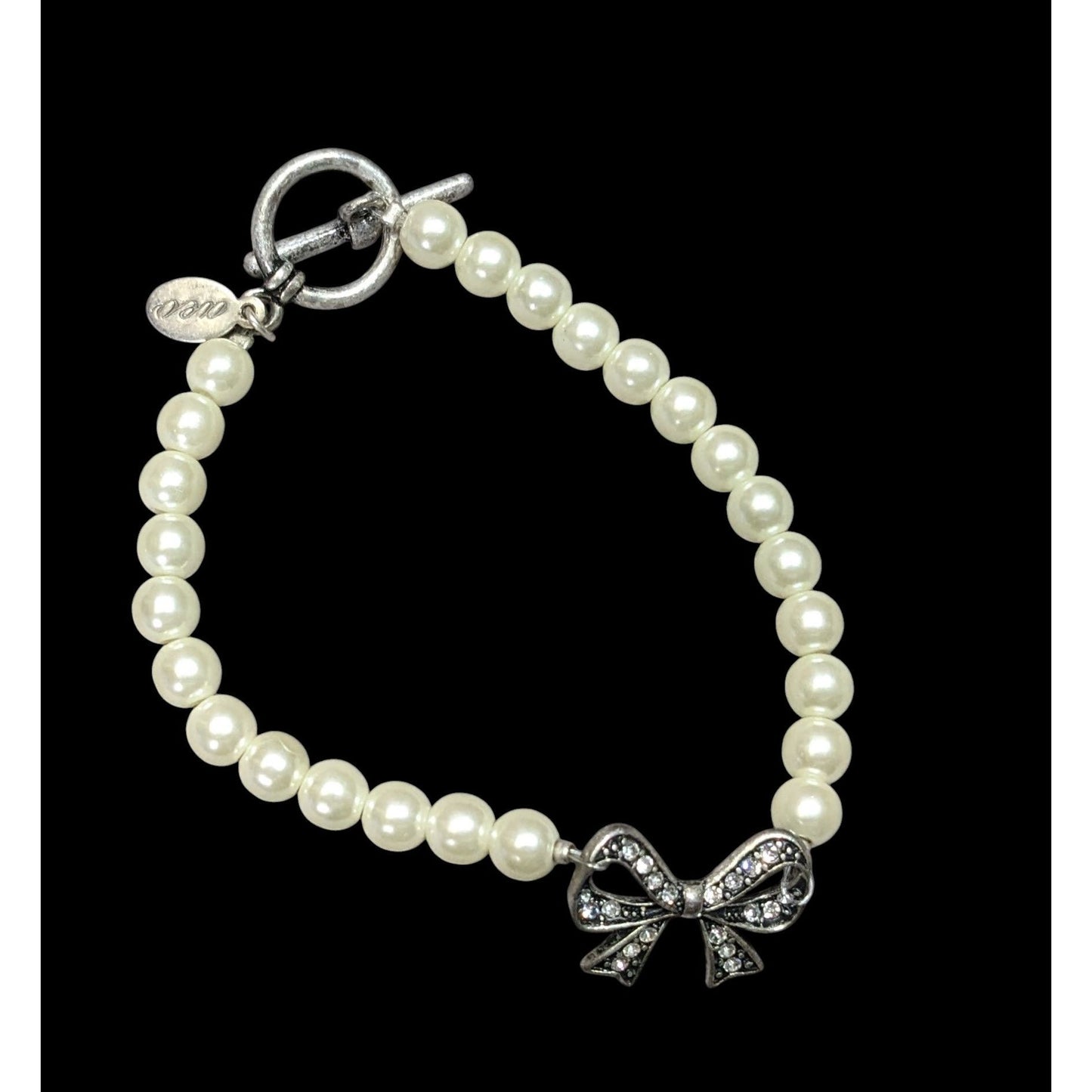 AEO Y2K Coquette Faux Pearl Bracelet With Rhinestone Bow Charm & Toggle Clasp