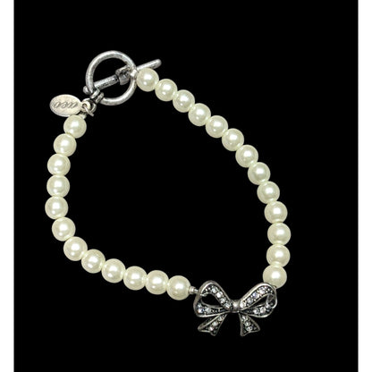 AEO Y2K Coquette Faux Pearl Bracelet With Rhinestone Bow Charm & Toggle Clasp