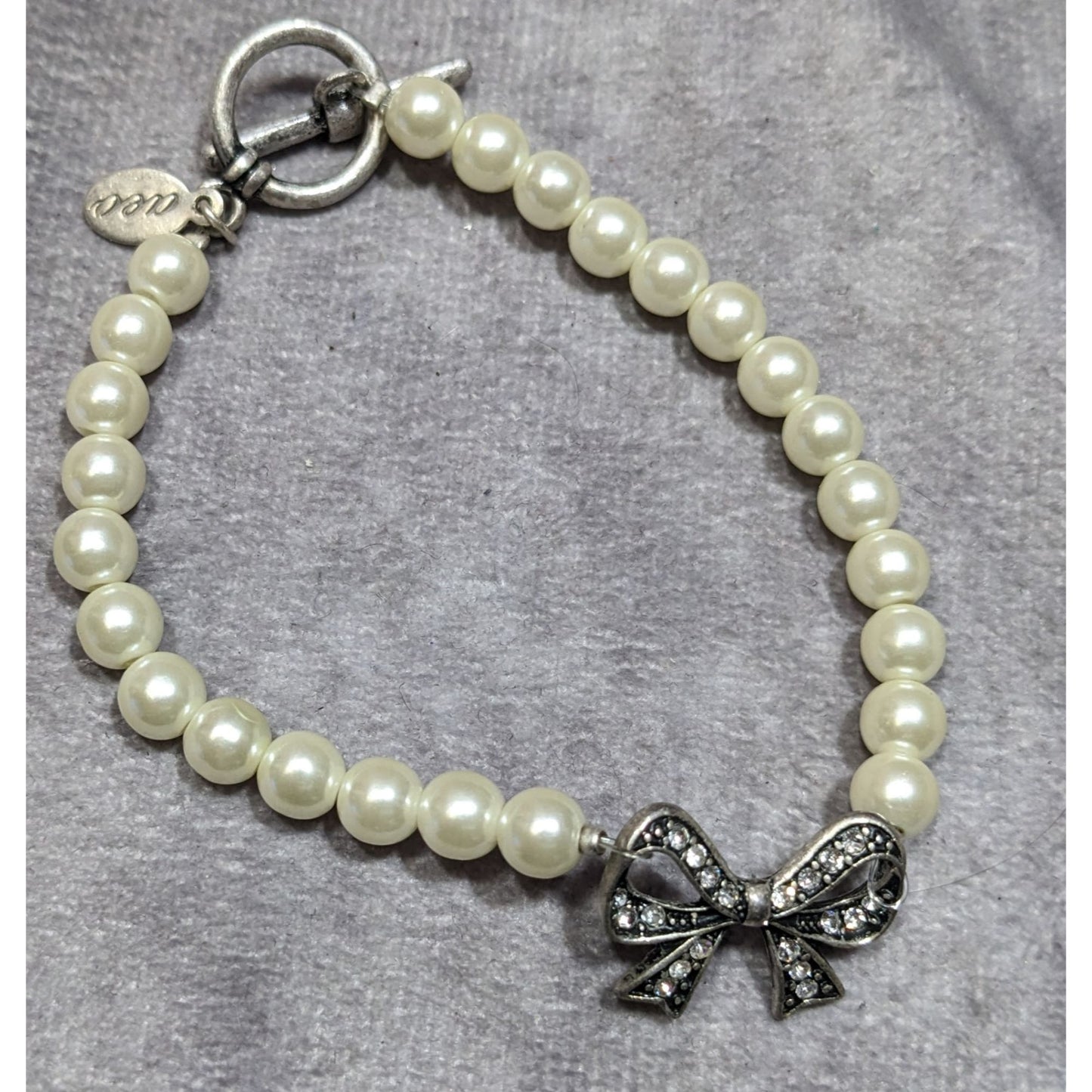 AEO Y2K Coquette Faux Pearl Bracelet With Rhinestone Bow Charm & Toggle Clasp